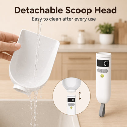 Digital measuring spoon with detachable scoop head for easier cleaning.