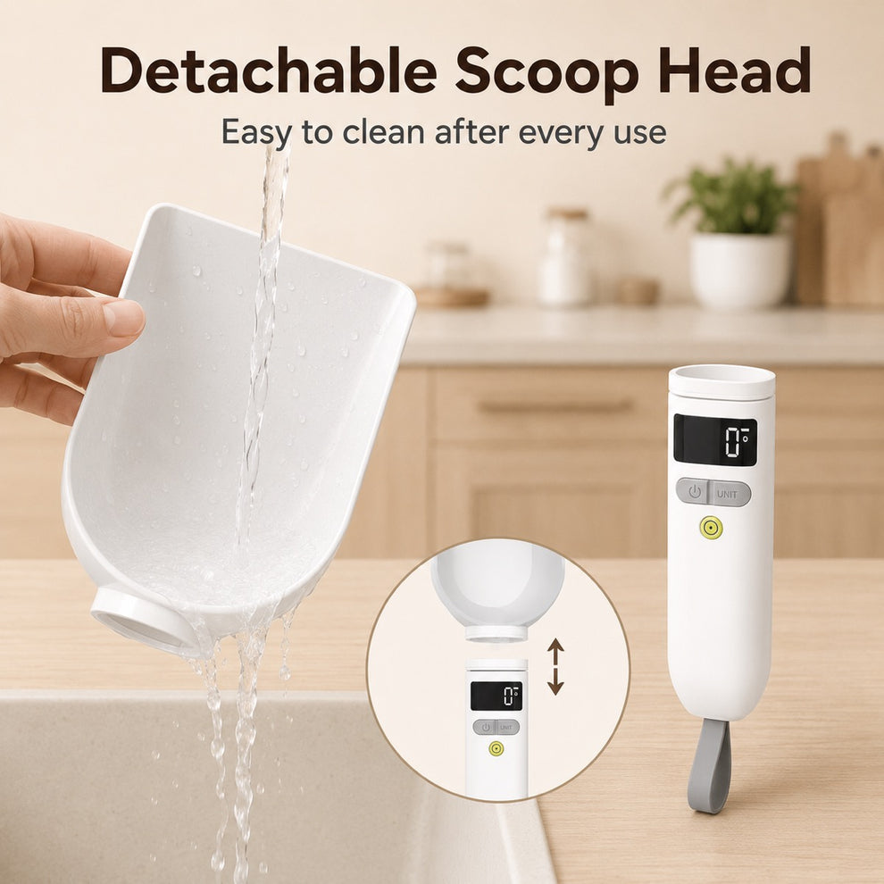 Digital measuring spoon with detachable scoop head for easier cleaning.
