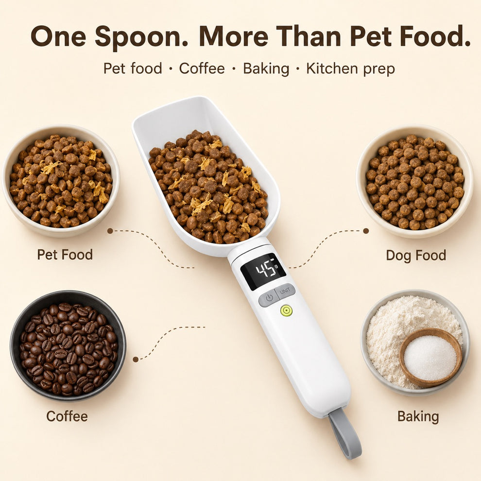 Digital measuring spoon for pet food coffee beans baking ingredients and kitchen prep.