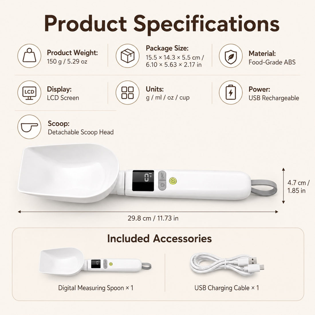 Digital measuring spoon specifications with LCD display multi-unit conversion and USB rechargeable power.