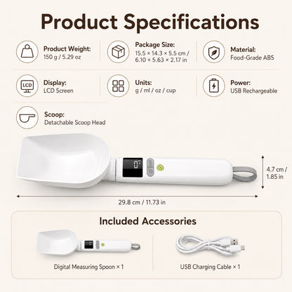 Digital measuring spoon specifications with LCD display multi-unit conversion and USB rechargeable power.