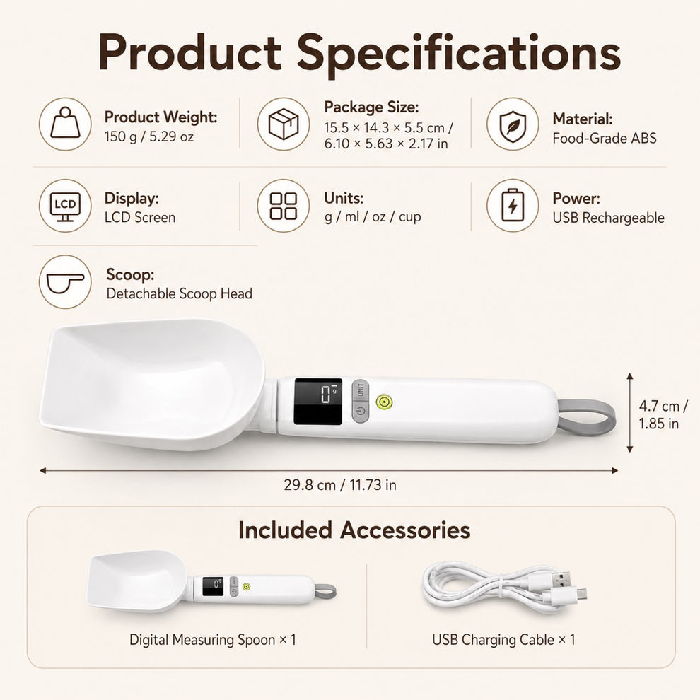 Digital measuring spoon specifications with LCD display multi-unit conversion and USB rechargeable power.