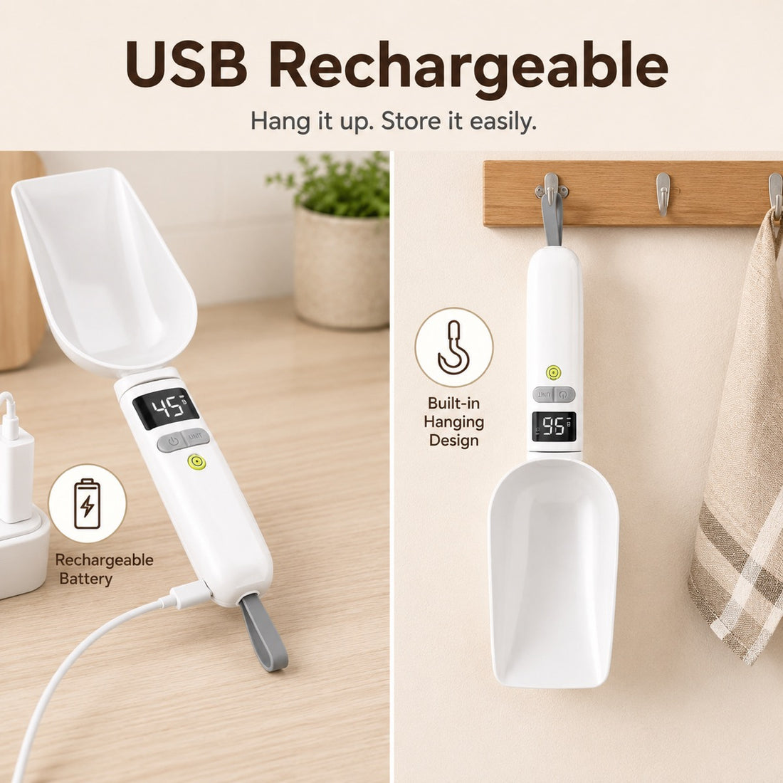 USB rechargeable digital measuring spoon with hanging storage design.