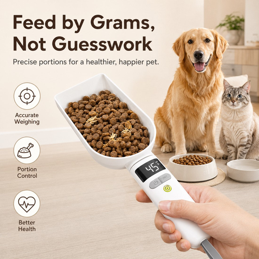 Digital pet food measuring spoon helps feed cats and dogs by grams instead of guesswork.