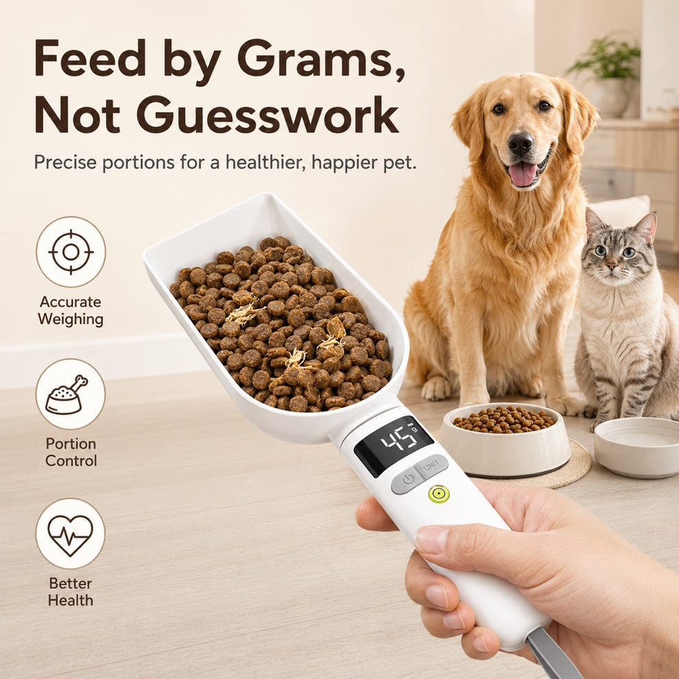 Digital pet food measuring spoon helps feed cats and dogs by grams instead of guesswork.
