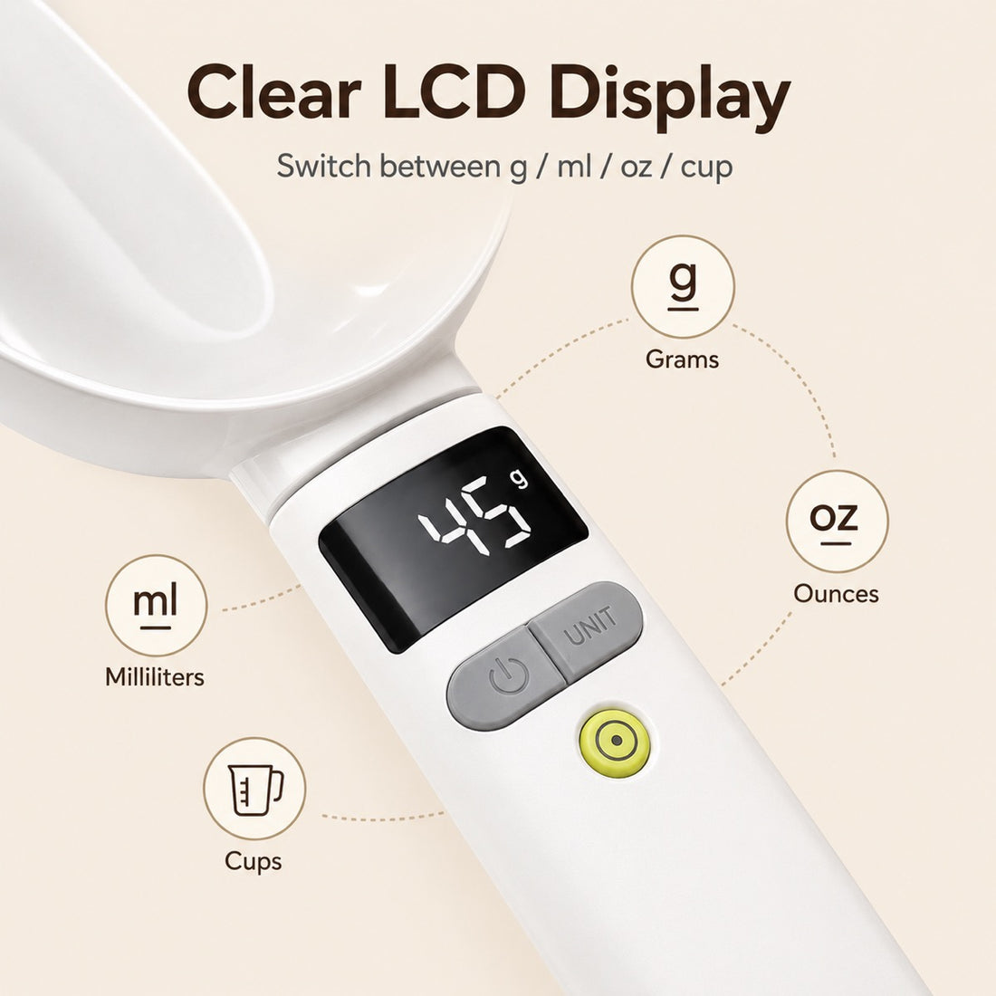 Digital measuring spoon LCD display with grams milliliters ounces and cups.
