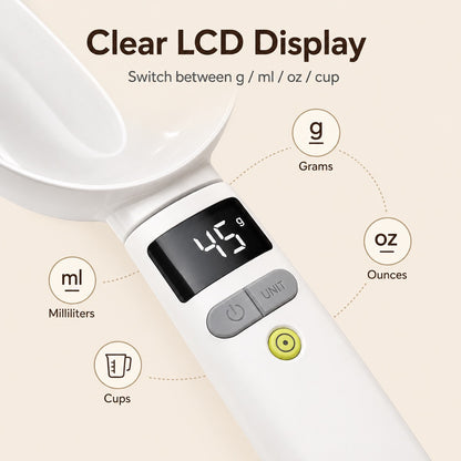 Digital measuring spoon LCD display with grams milliliters ounces and cups.