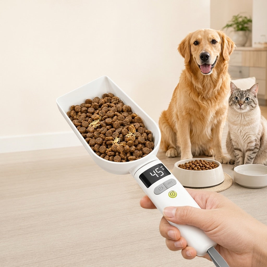 Digital pet food measuring spoon weighing dry food for cats and dogs.