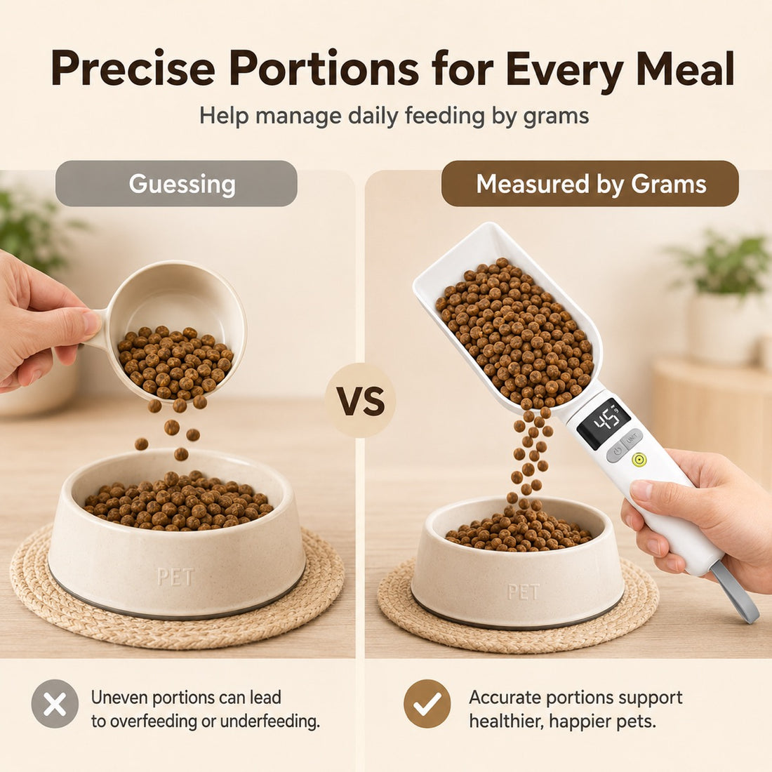 Digital measuring spoon helps measure pet food portions accurately by grams.