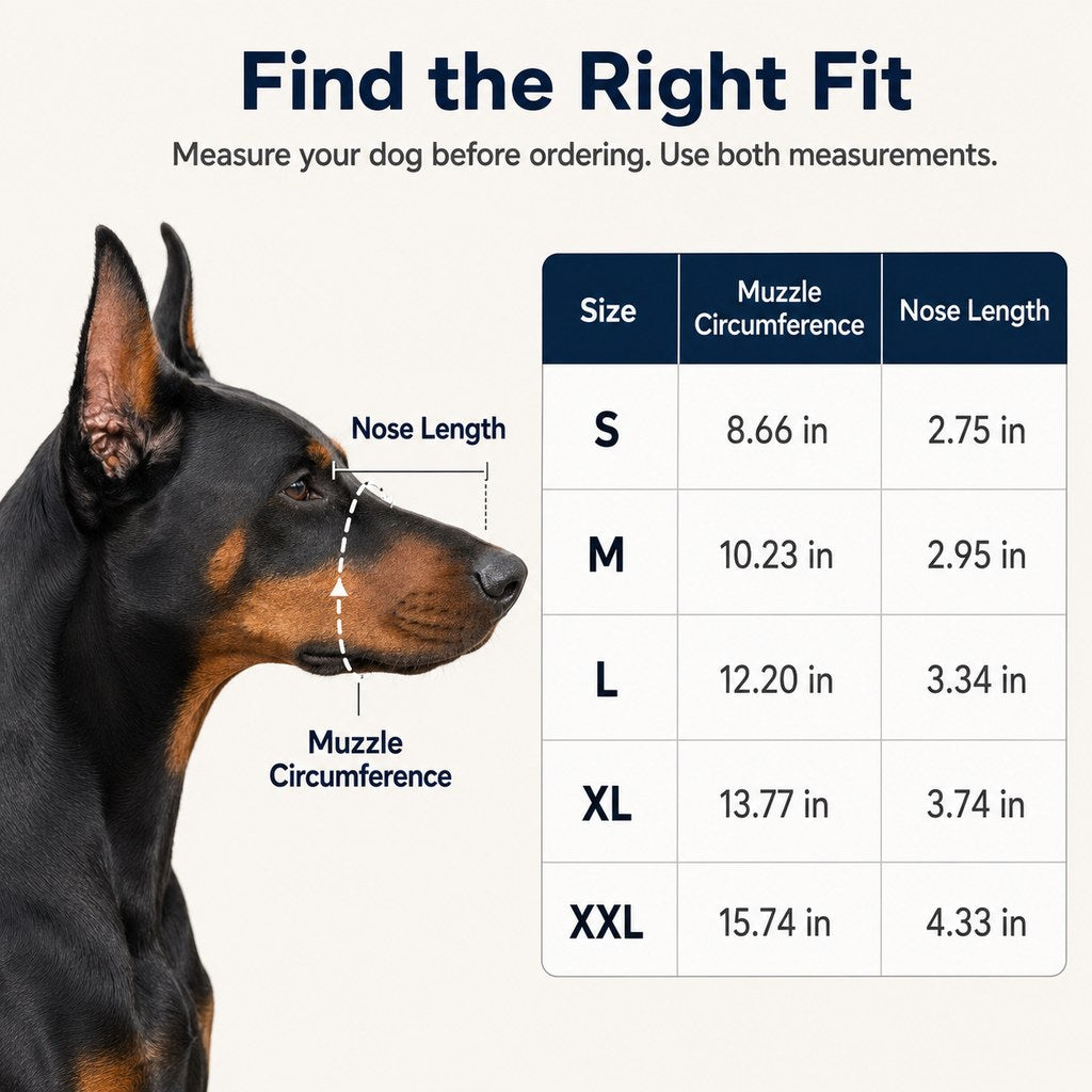 Dinosaur dog muzzle size guide for muzzle circumference and nose length