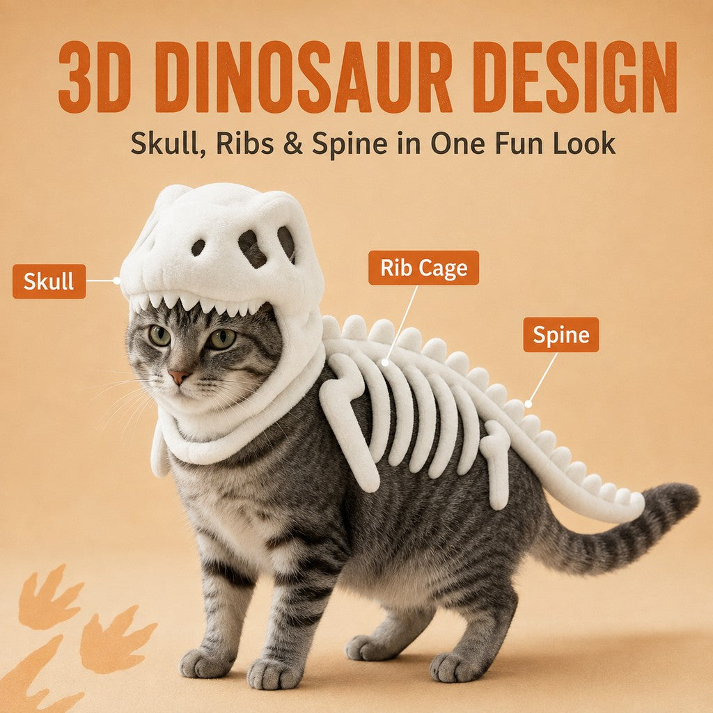 Paws in Awe Plush Dinosaur Skeleton Pet Costume for Cats & Dogs - Face-Open Halloween Outfit for Parties & Photos image 2