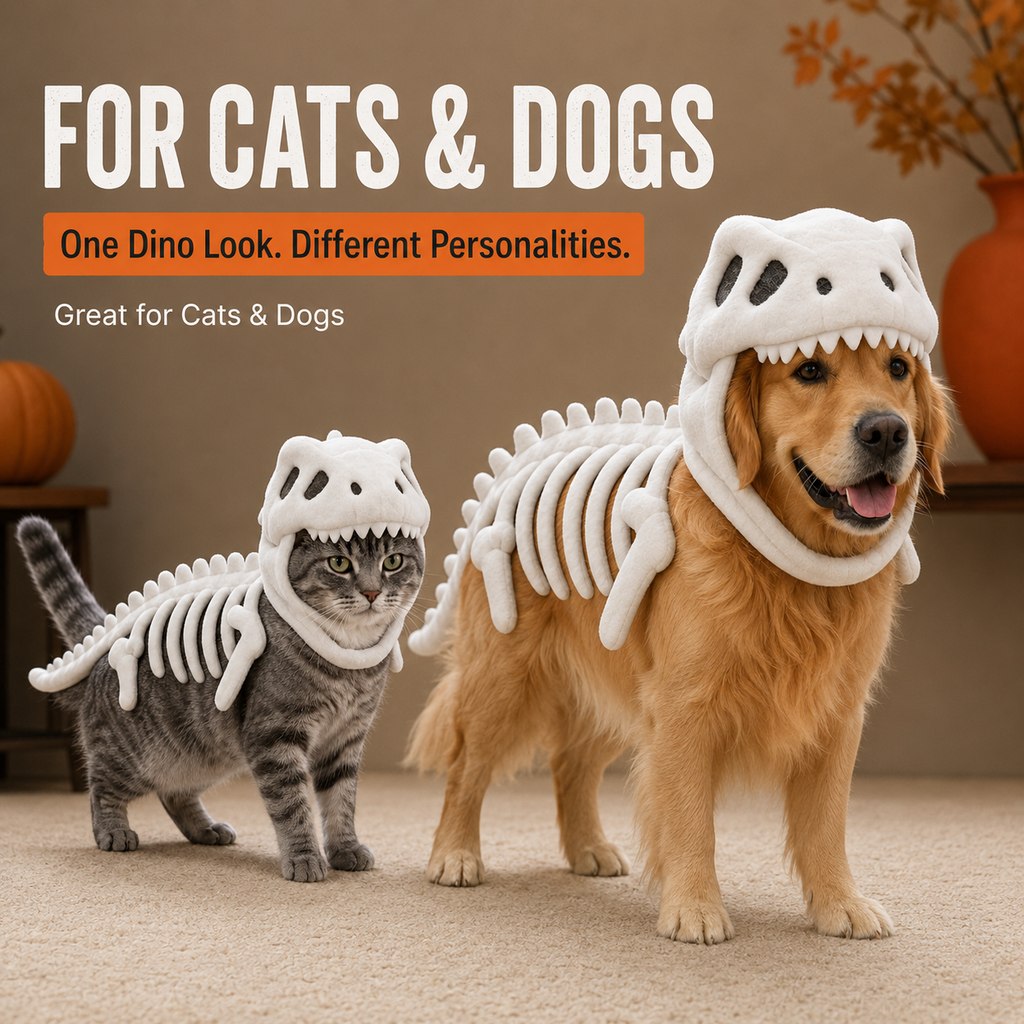 Paws in Awe Plush Dinosaur Skeleton Pet Costume for Cats & Dogs - Face-Open Halloween Outfit for Parties & Photos image 9