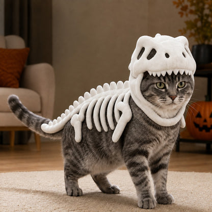 Paws in Awe Plush Dinosaur Skeleton Pet Costume for Cats & Dogs - Face-Open Halloween Outfit for Parties & Photos image 1