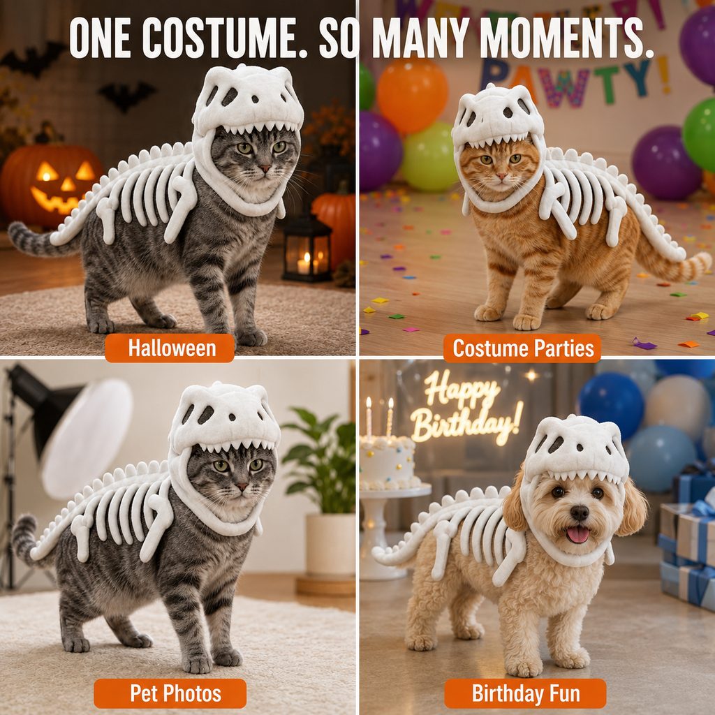 Paws in Awe Plush Dinosaur Skeleton Pet Costume for Cats & Dogs - Face-Open Halloween Outfit for Parties & Photos image 8