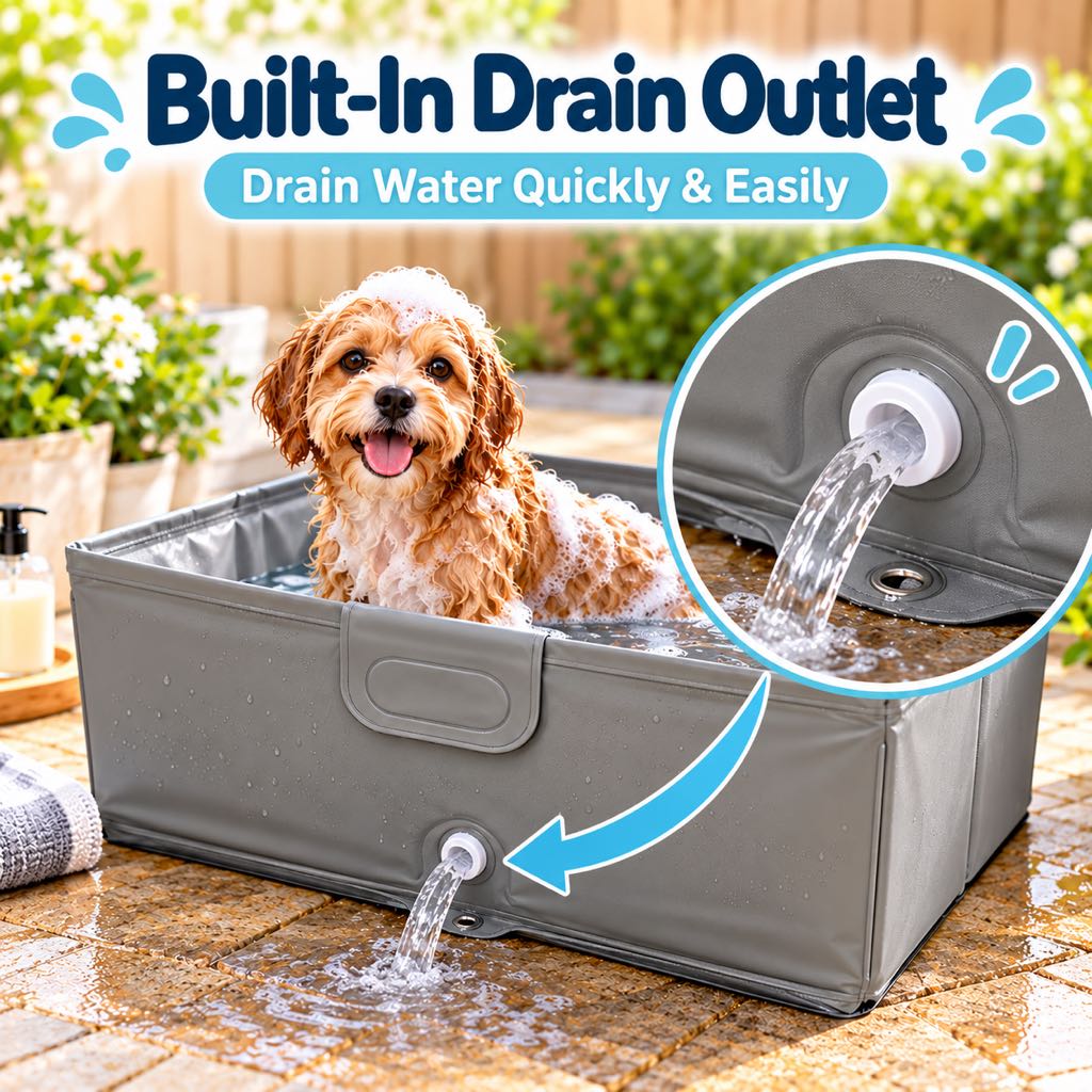 Built-in drain outlet on foldable dog bath tub