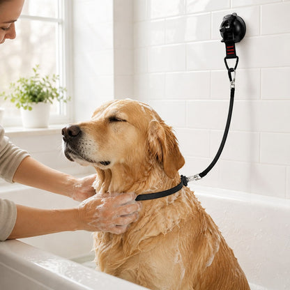 Dog bathing suction cup tether mounted on tile wall