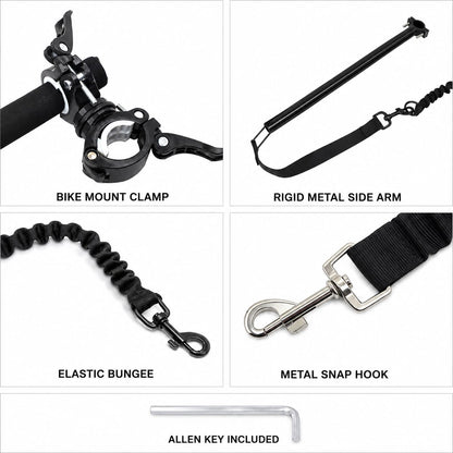 Dog bike leash components with metal side arm bungee and clamp