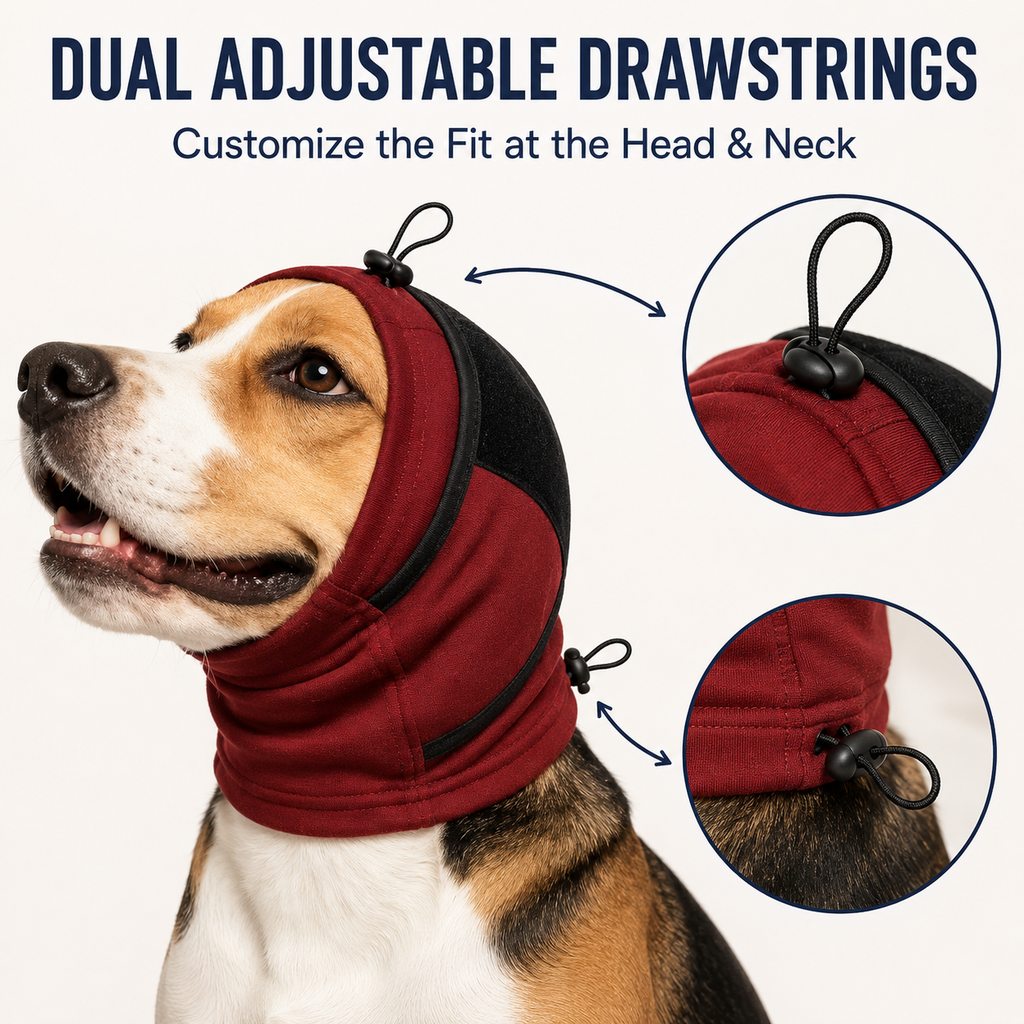Dog calming ear wrap dual adjustable drawstrings