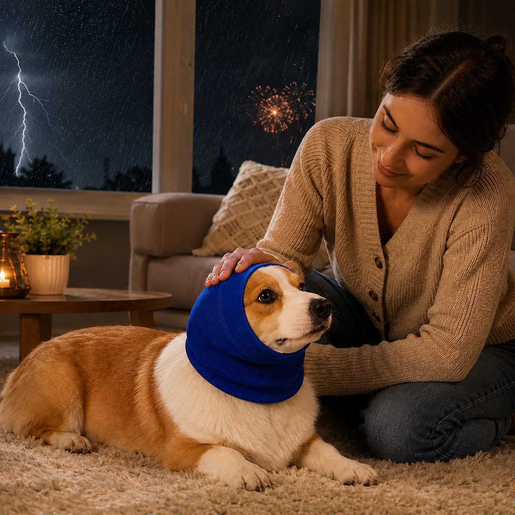 Paws in Awe Dog Calming Head Wrap for Thunder, Fireworks & Cold Walks - Soft Ear Coverage for Stressful Moments image 1