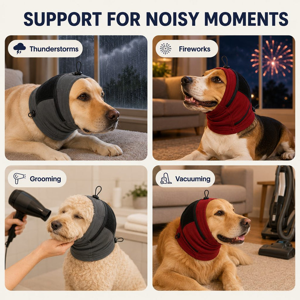 Dog calming hoodie for fireworks and thunderstorms