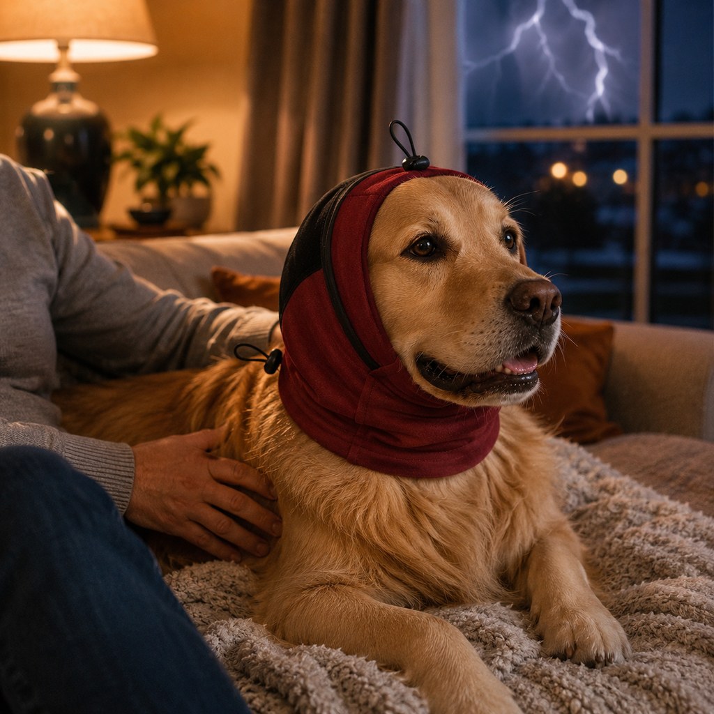 Gray dog calming hoodie ear wrap secure fit