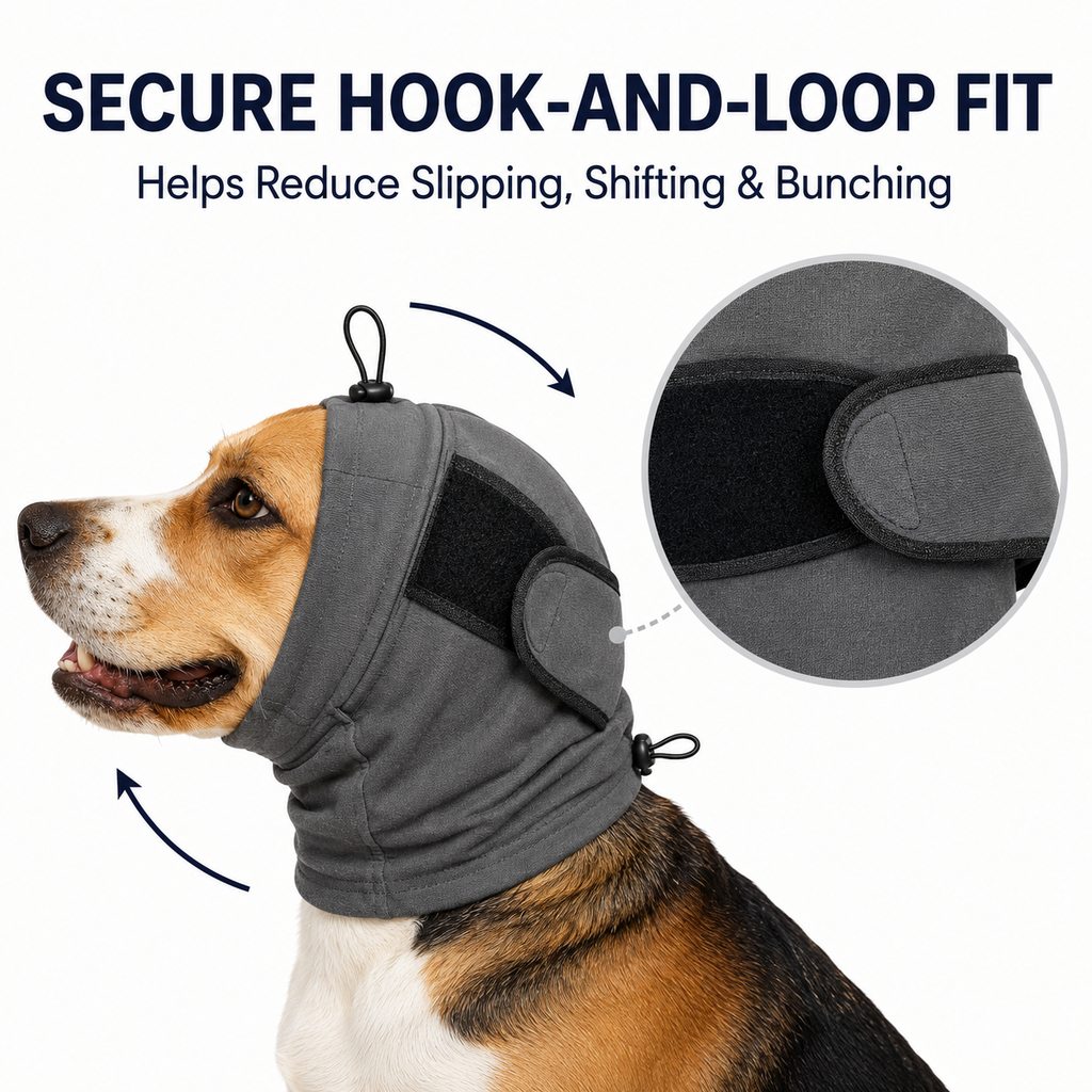 Dog calming hoodie hook and loop secure fit panel