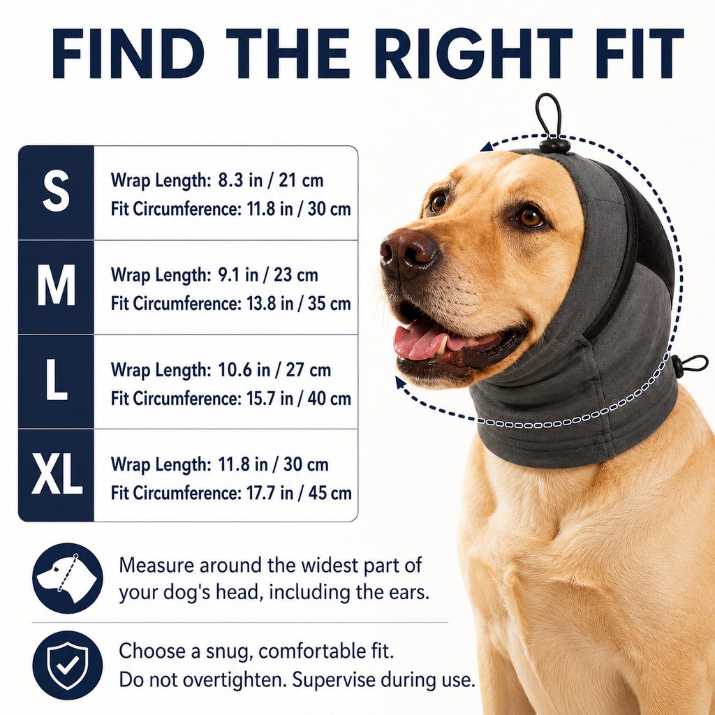 Dog calming hoodie ear wrap size guide