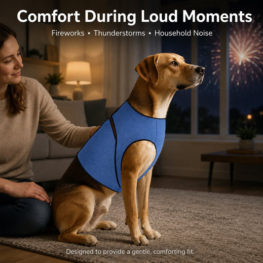 Dog calming wrap vest for thunderstorms and fireworks comfort moments