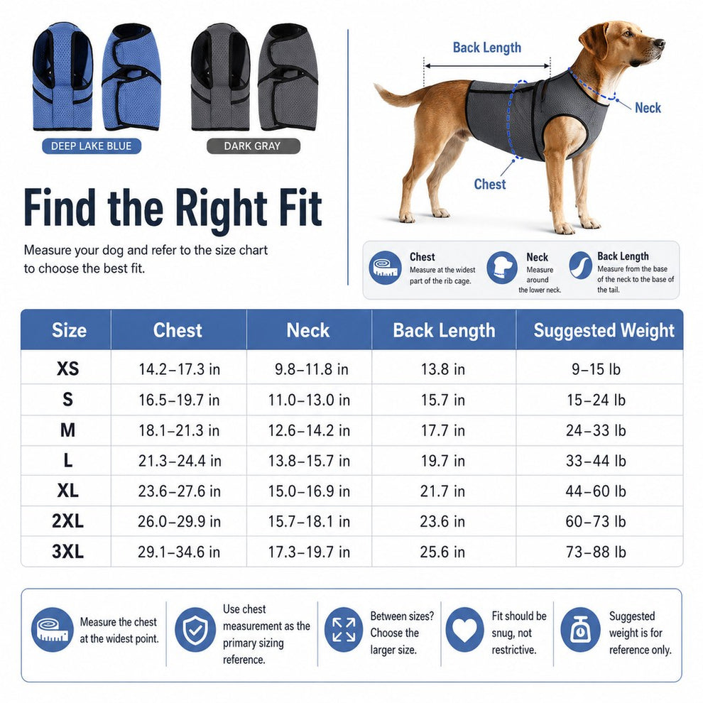 Dog calming wrap vest size guide for XS to 3XL