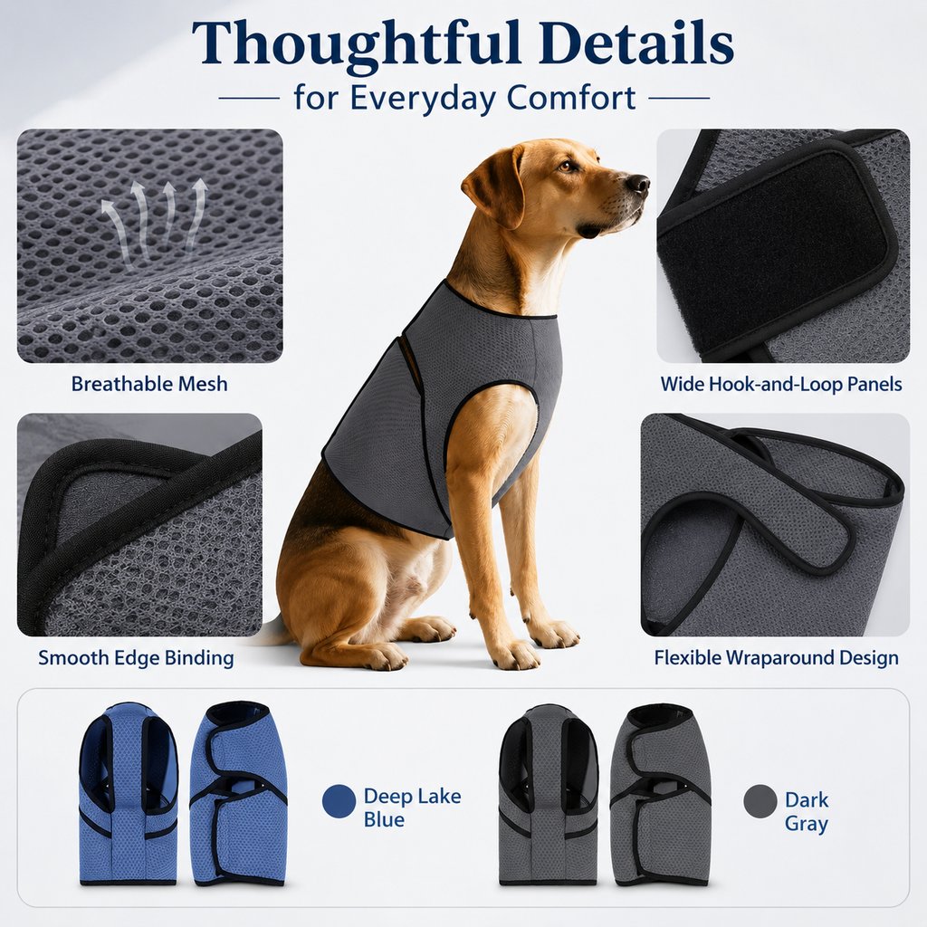 Dog calming wrap vest thoughtful details and color options