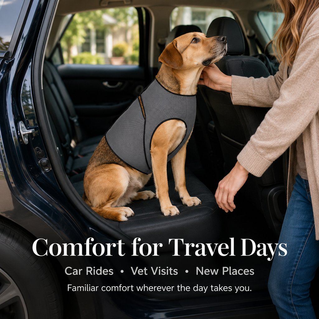 Dog comfort wrap vest for car rides and travel days