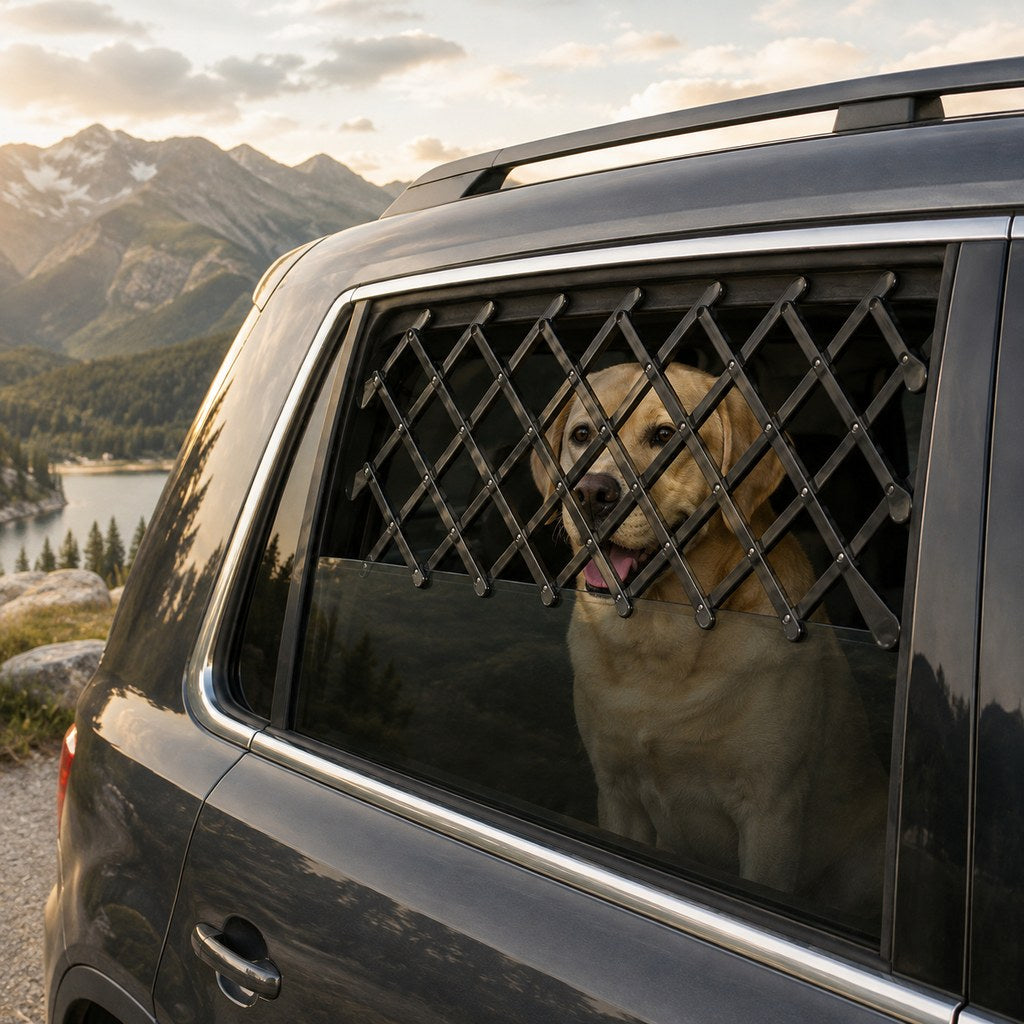 Dog car window guard for road trip rear window use