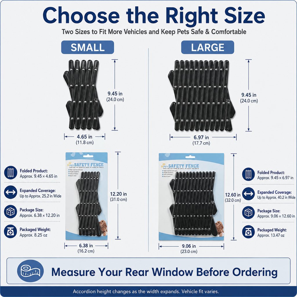 Dog car window guard size guide for Small and Large
