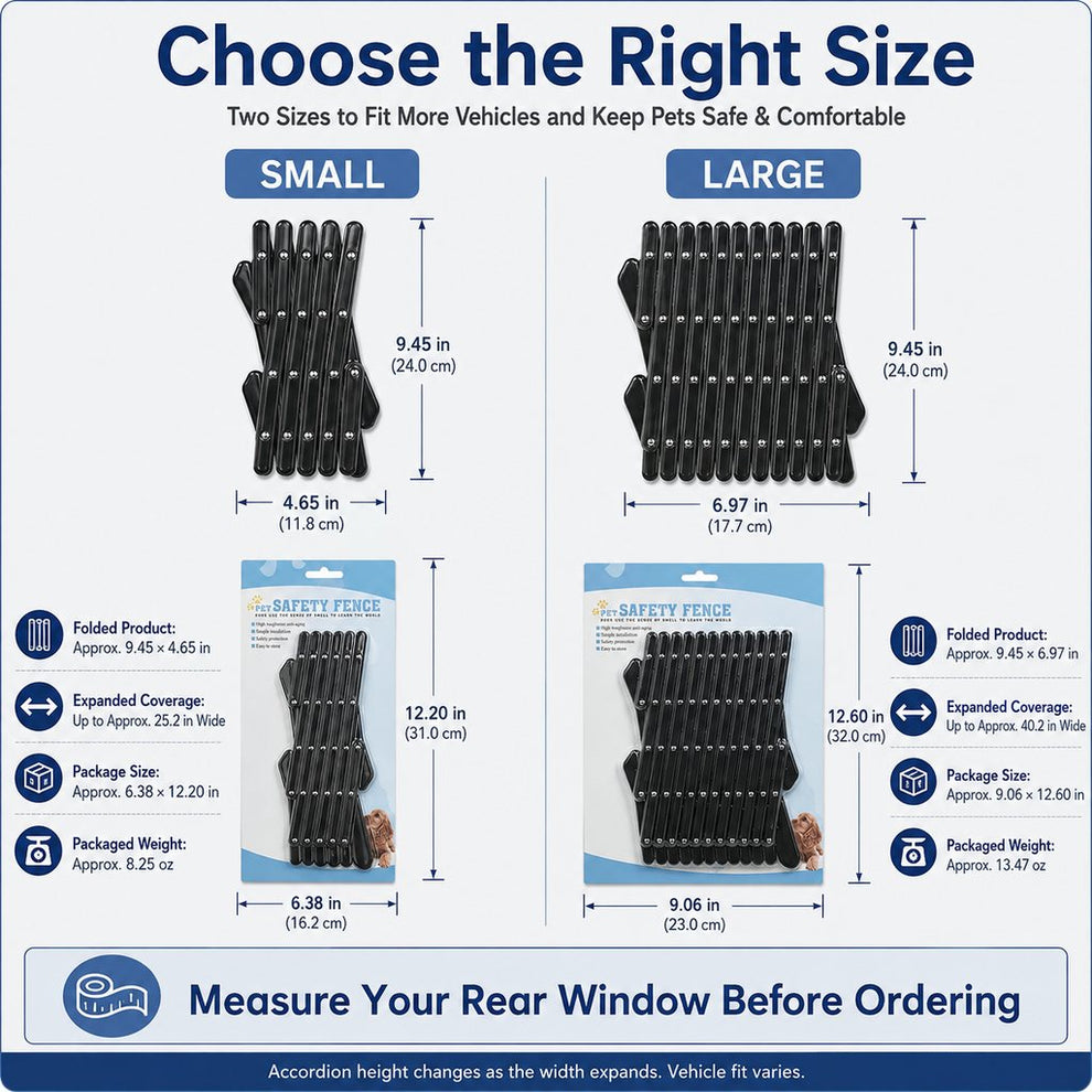 Dog car window guard size guide for Small and Large
