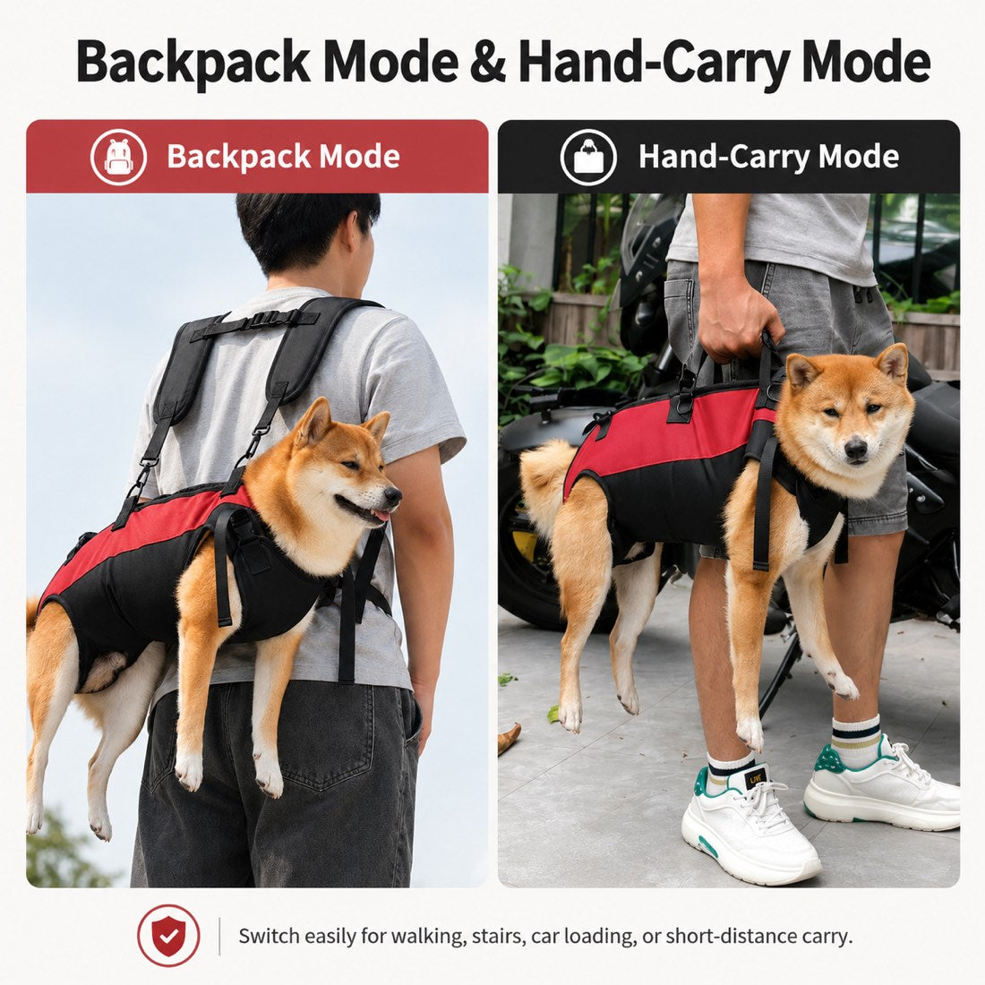 Dog carrier harness showing hands-free backpack mode and hand-carry mode.