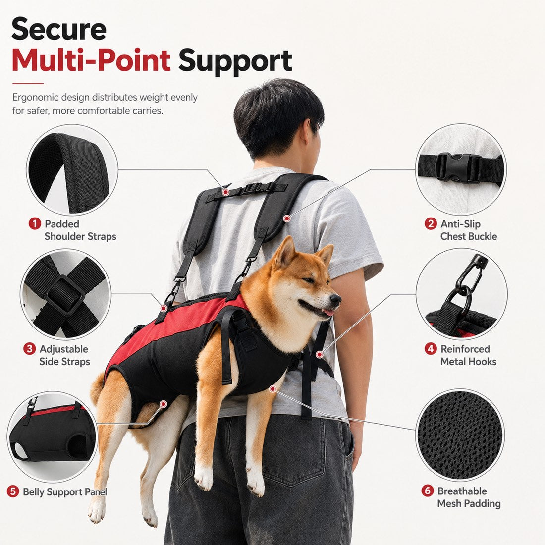 Dog carrier harness with padded straps, adjustable side straps, metal hooks, and belly support.