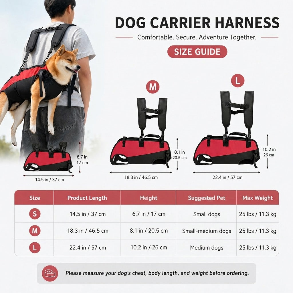 Dog carrier harness size guide for S, M, and L with 25 pound maximum pet weight.
