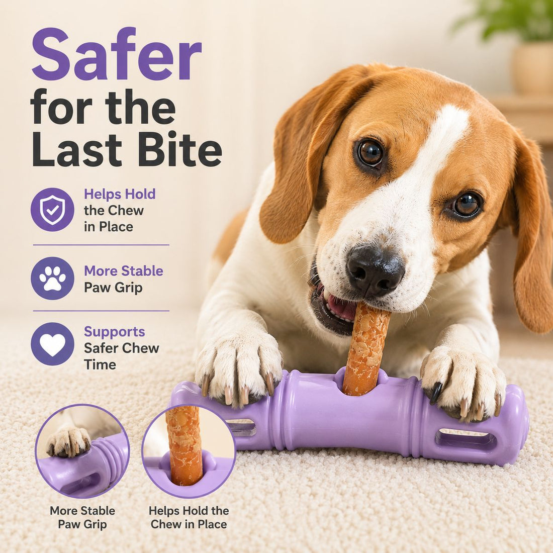 Dog chew stick holder helps hold the chew in place for supervised treat time.