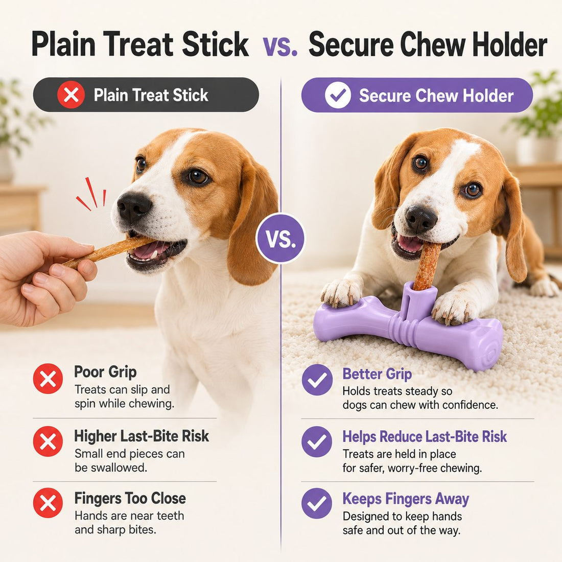 Dog chew stick holder comparison with plain treat stick and secure chew holder.