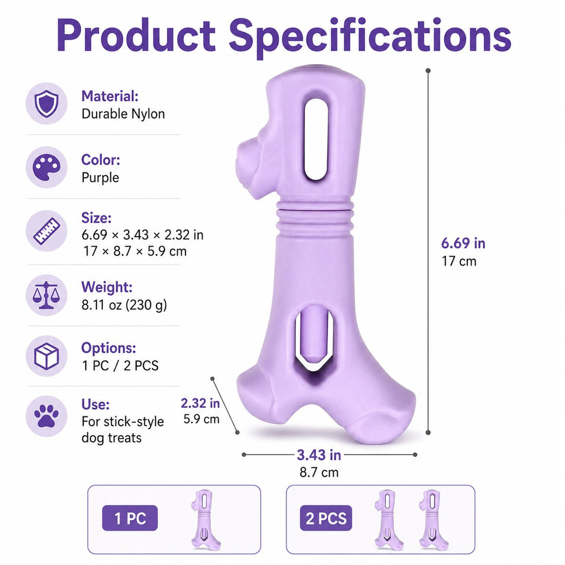 Dog chew stick holder specifications with size, weight, material, color, and pack options.