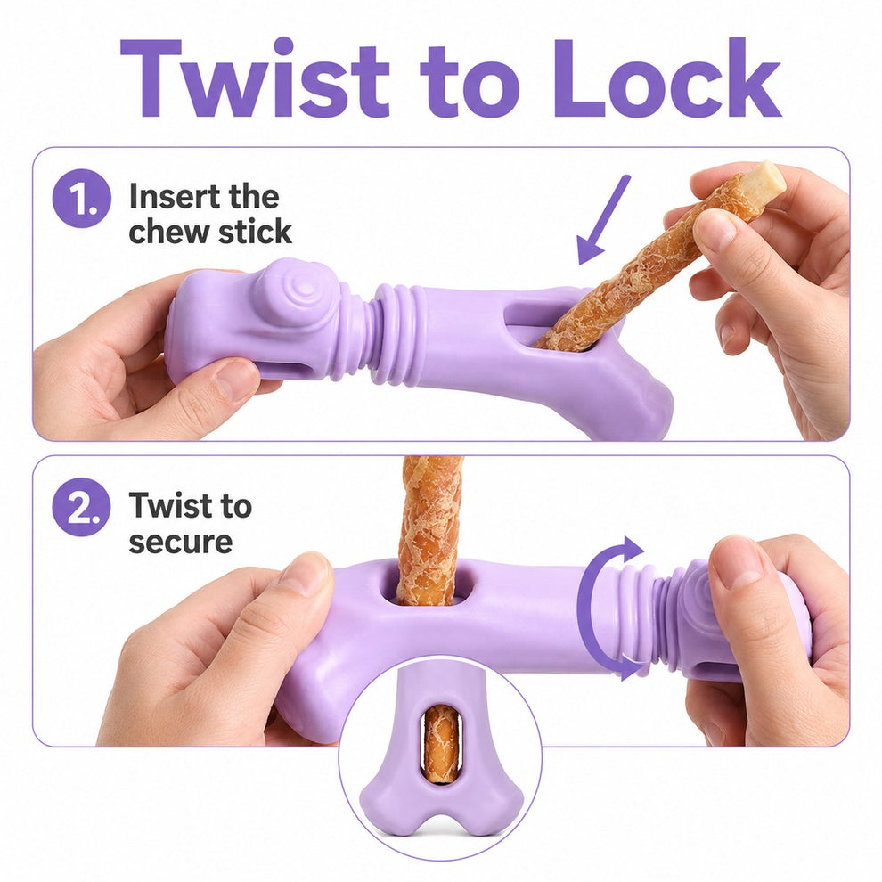 Twist-to-lock dog chew stick holder secures compatible stick-style treats.