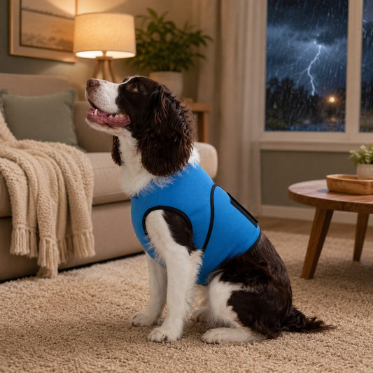 Dog comfort wrap vest in blue for thunderstorms and travel