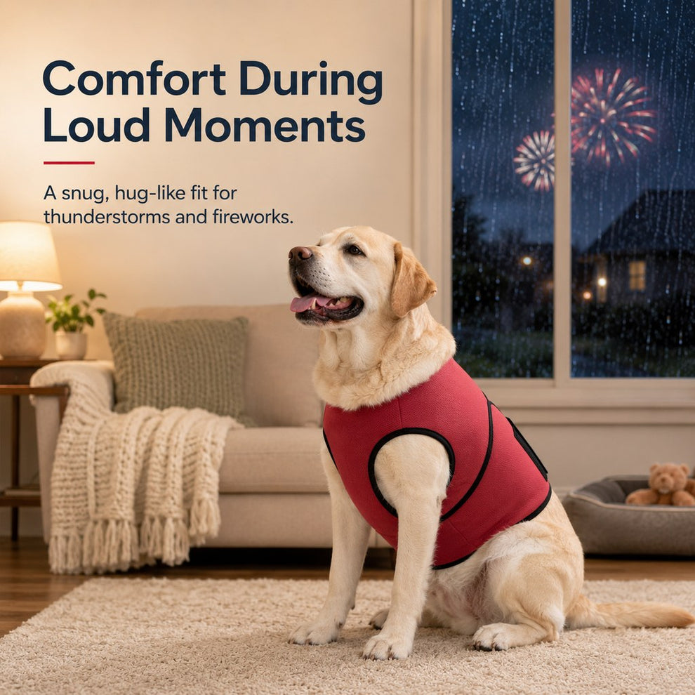 Dog comfort wrap vest in red during loud household moments