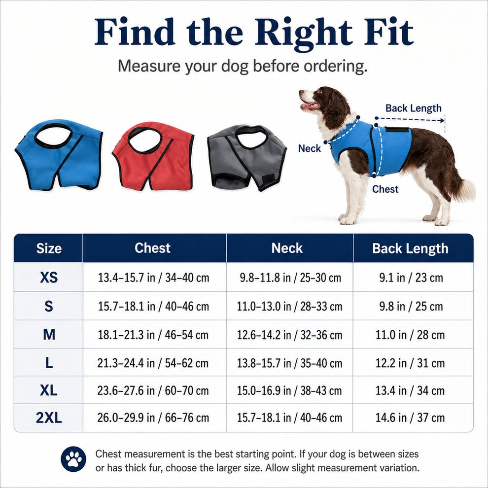 Dog comfort wrap vest size guide XS to 2XL