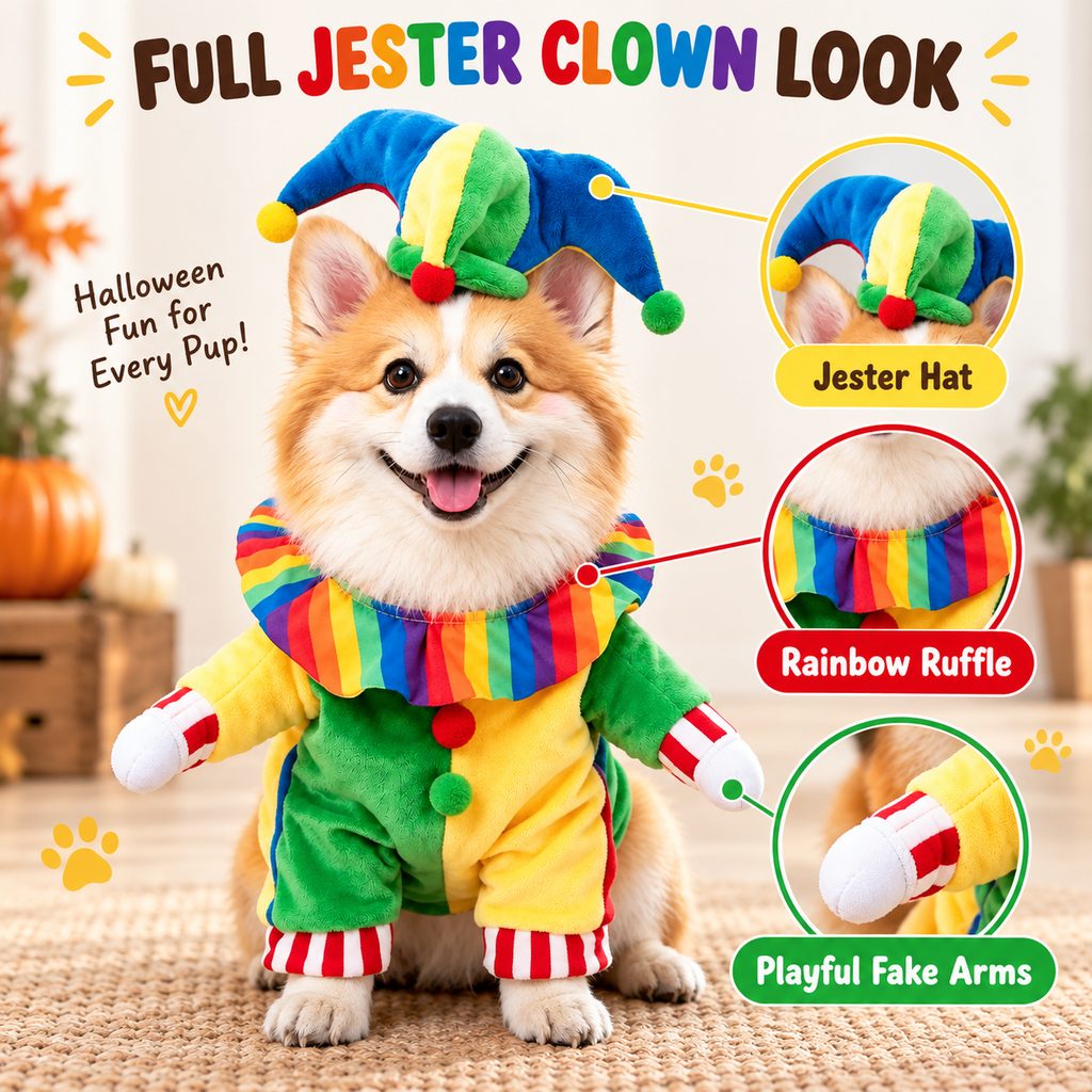 Decorative stuffed fake arms on jester clown dog costume