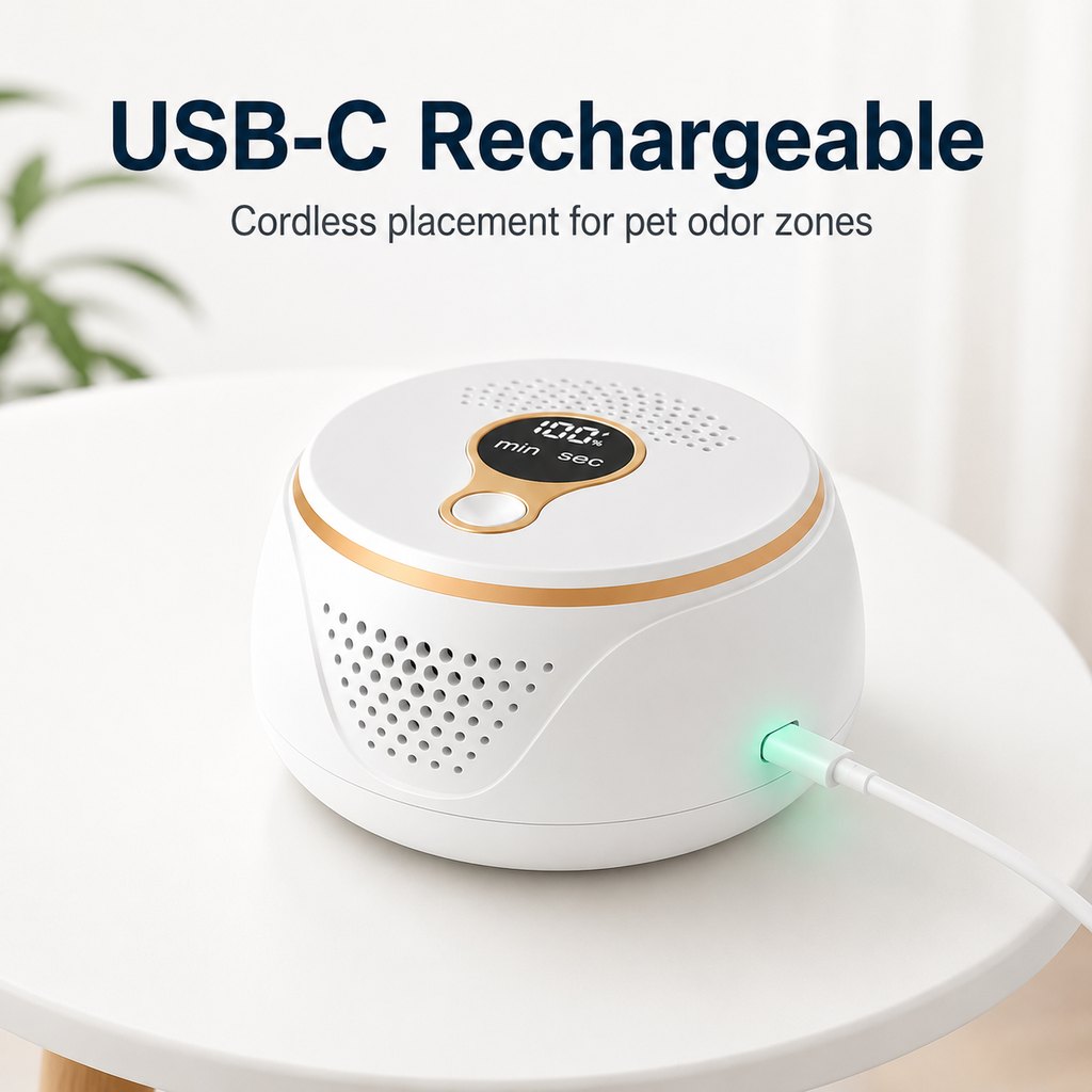Rechargeable pet odor deodorizer for dog crate and litter box areas