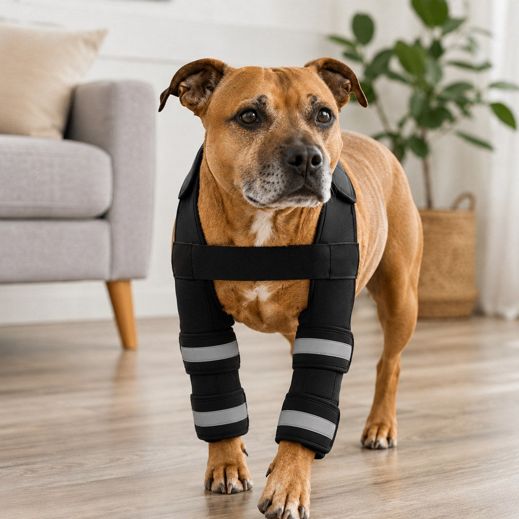 Black dog double front leg support brace with chest harness