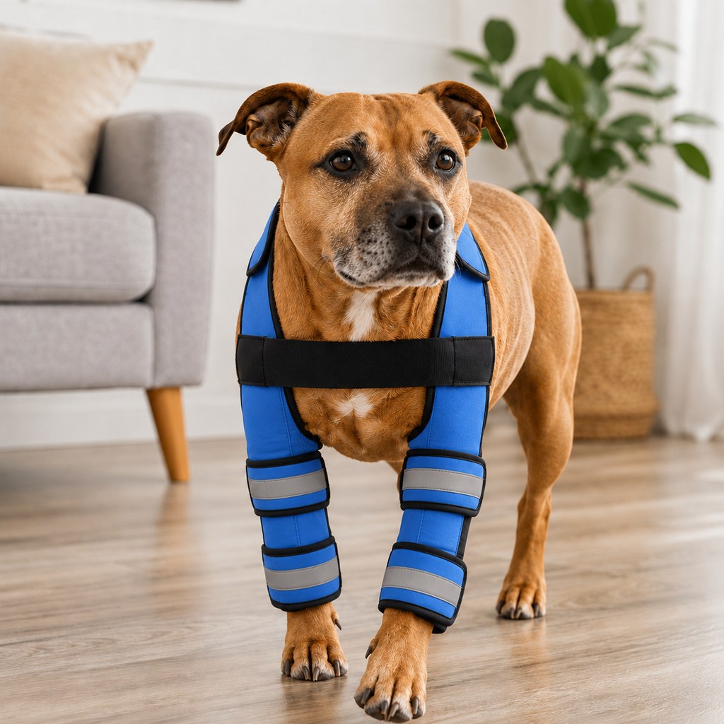 Paws in Awe Dog Double Front Leg Support Brace for Unsteady Walking - Chest Harness with Internal Metal Support Inserts dog-double-front-leg-support-brace-blue.jpg