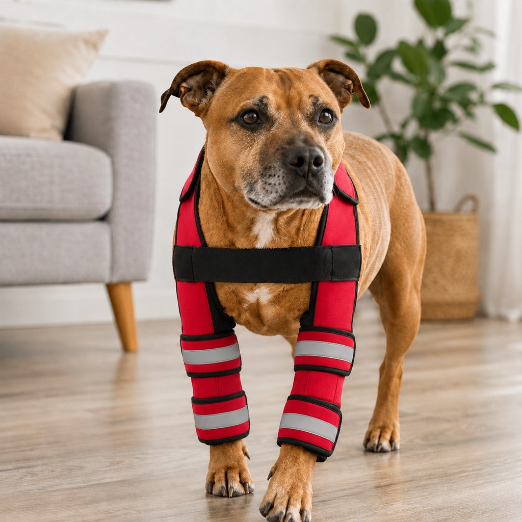 Paws in Awe Dog Double Front Leg Support Brace for Unsteady Walking - Chest Harness with Internal Metal Support Inserts dog-double-front-leg-support-brace-red.jpg