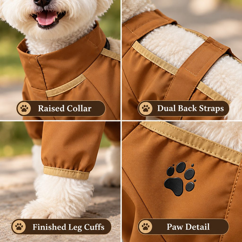 Raised collar dual straps leg cuffs and paw detail on a dog dust suit